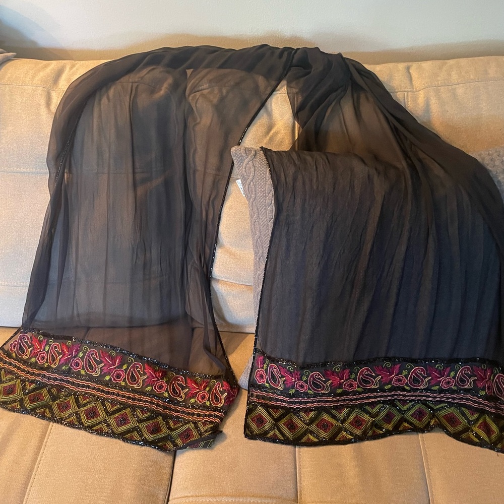 Black Sheer Scarf with Embroidered Trim